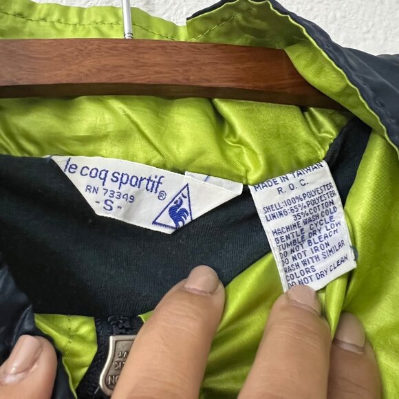 90s Le Coq Sportif Navy Lime Green Windbreaker Jacket Pants 2 Pc Set Size Small - Picture 6 of 13